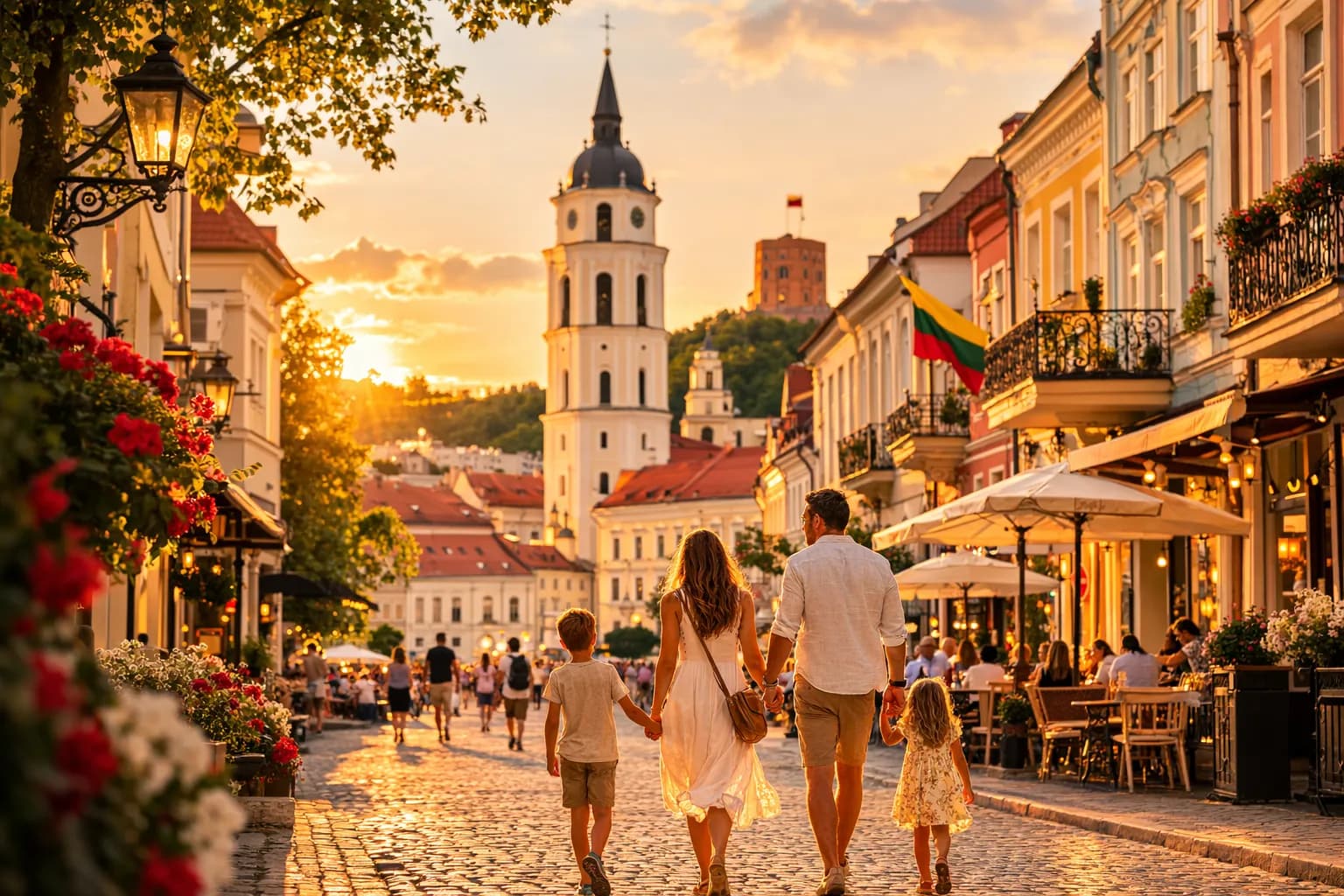 Rodzina z dziećmi zwiedzająca Stare Miasto w Wilnie